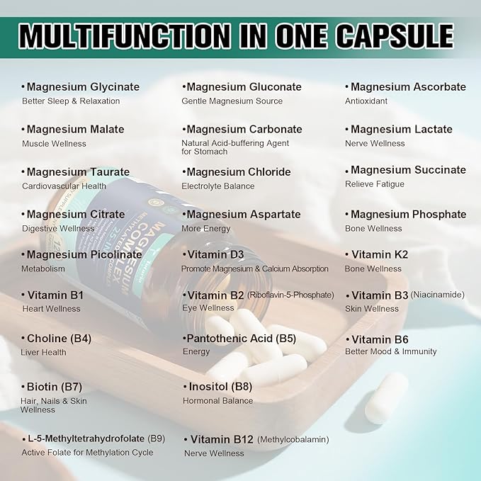 25-in-1 Magnesium Complex with Methylated B Complex Magnesium Glycinate Citrate Malate Taurate Gluconate Aspartate Carbonate D3 K2, Magnesium Supplement for Relaxation Energy & Nerve, 120 Vegan Caps