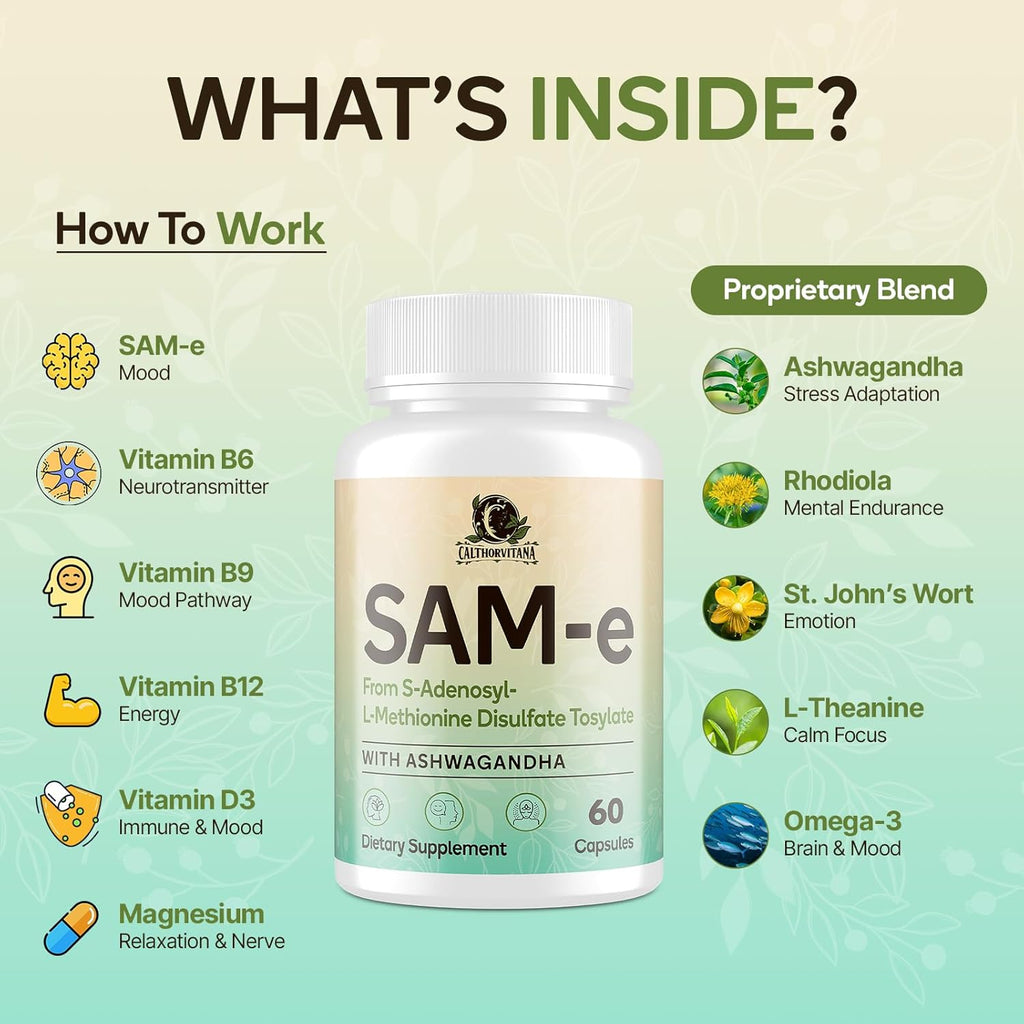SAM-e Supplement – Capsule Complex with Ashwagandha Extract, L-Theanine, Rhodiola, St. John’s Wort, Omega-3 Fatty Acids, Magnesium, B Vitamins & D3, 60 Capsules