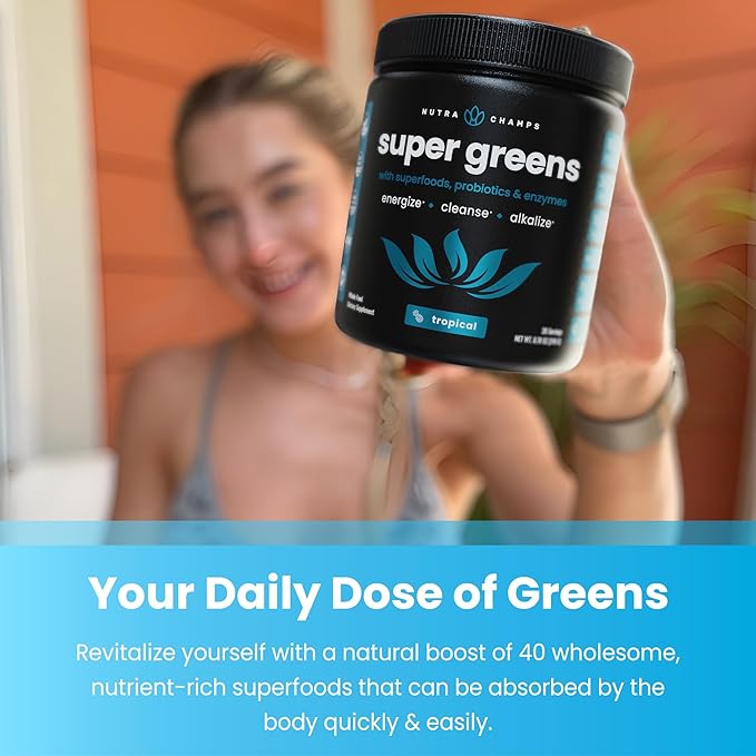NutraChamps Super Greens Powder Premium Superfood | 20+ Organic Green Veggie Whole Foods | Alfalfa, Spirulina, Chlorella & More | Antioxidant, Digestive Enzyme & Probiotic Blends | Tropical | 60 SVG