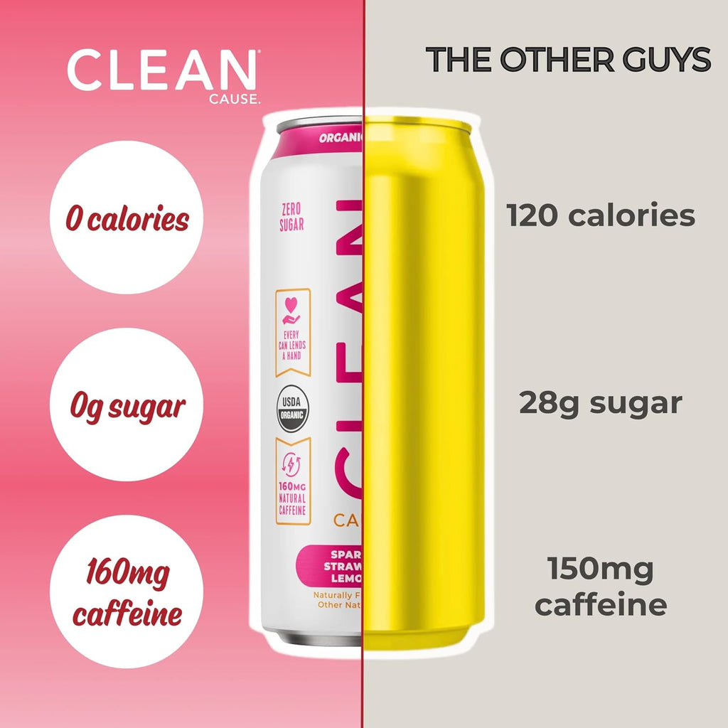 NEW CLEAN Cause Zero Sugar Strawberry Lemonade Yerba Mate Tea Sparkling, USDA Organic Energy Drink Alternative, Zero Calorie, 160mg Natural Caffeine, Soda Alternative (16oz cans, 12-Pack Case)