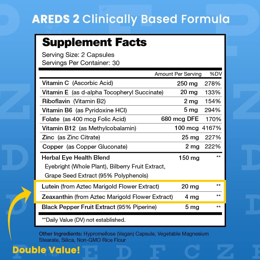 AREDS 2 Eye Vitamins | Lutein & Zeaxanthin Supplement | AREDS2 Plus Multivitamin Eye Health Supplement with Carotenoids, Bilberry Extract | Vitamins for Dry Eyes & Vision Health | 60 Vegan Capsules