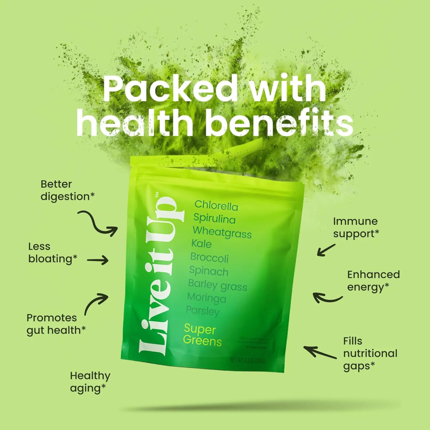 Live It Up Super Greens Powder | All-Natural Plant-Based Superfood Blend w Probiotics, Digestive Enzymes | Supports Gut Health, Immunity, Energy, & Daily Wellness | No Added Sugar - Berry, 30 Servings