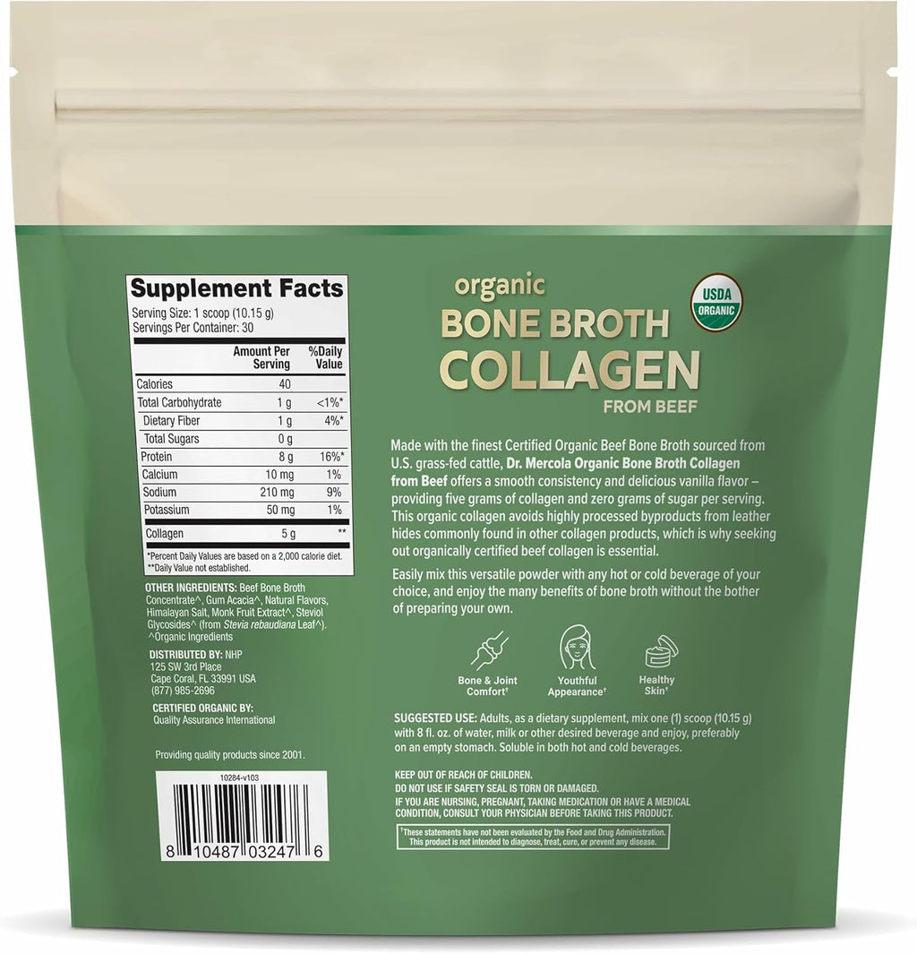 Dr. Mercola Organic Bone Broth Collagen Powder - Supports Bone Health & Muscle Growth - USDA Organic, Non-GMO, Gluten-Free & Dairy-Free - 30 Servings - Vanilla Flavor