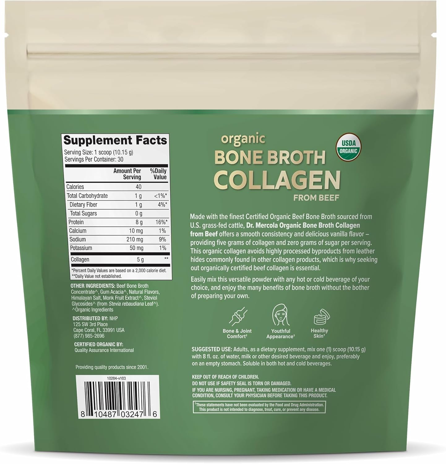 Dr. Mercola Organic Bone Broth Collagen Powder - Supports Bone Health & Muscle Growth - USDA Organic, Non-GMO, Gluten-Free & Dairy-Free - 30 Servings - Vanilla Flavor