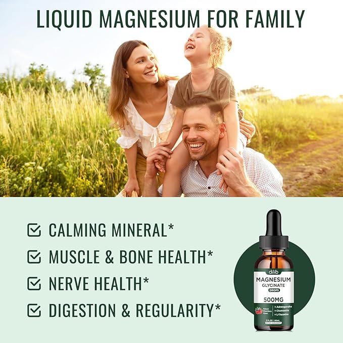 Magnesium Glycinate Liquid Drops Supplement, with Magnesium Glycinate 500mg Ashwagandha, L - Theanine, Chamomile -Support Stress Relief, Bone, Muscle, Mood Mixed Berry Flavor 2Pack