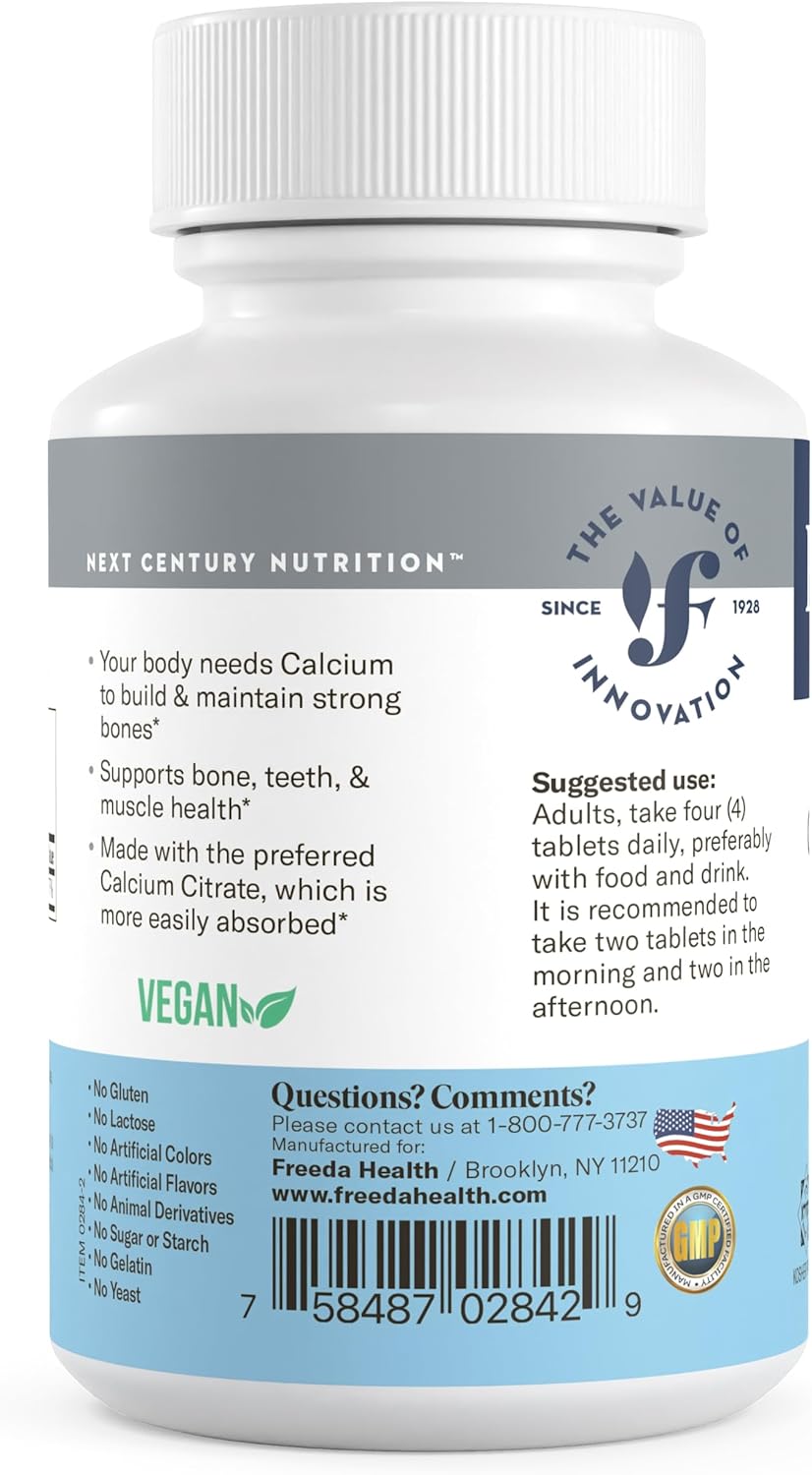Freeda Calcium Citrate – Kosher Vegan Bone Strength Supplement – Supports Bone Density & Muscle Function – Calcium 1000mg per Serving – No Added Vitamin D – (250 Tablets)