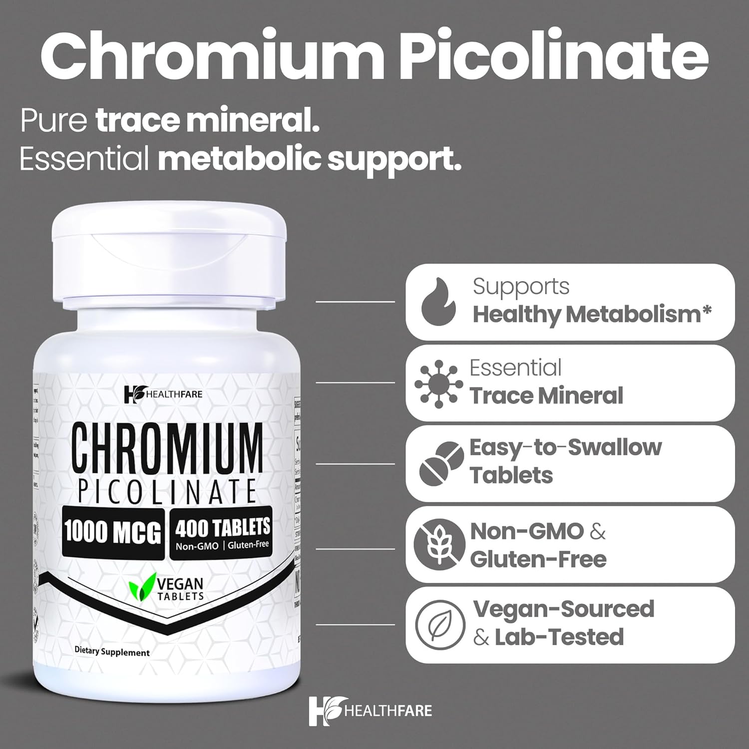 Chromium Picolinate 1000mcg | 400 Tablets | Gluten-Free | Non-GMO | Made in USA
