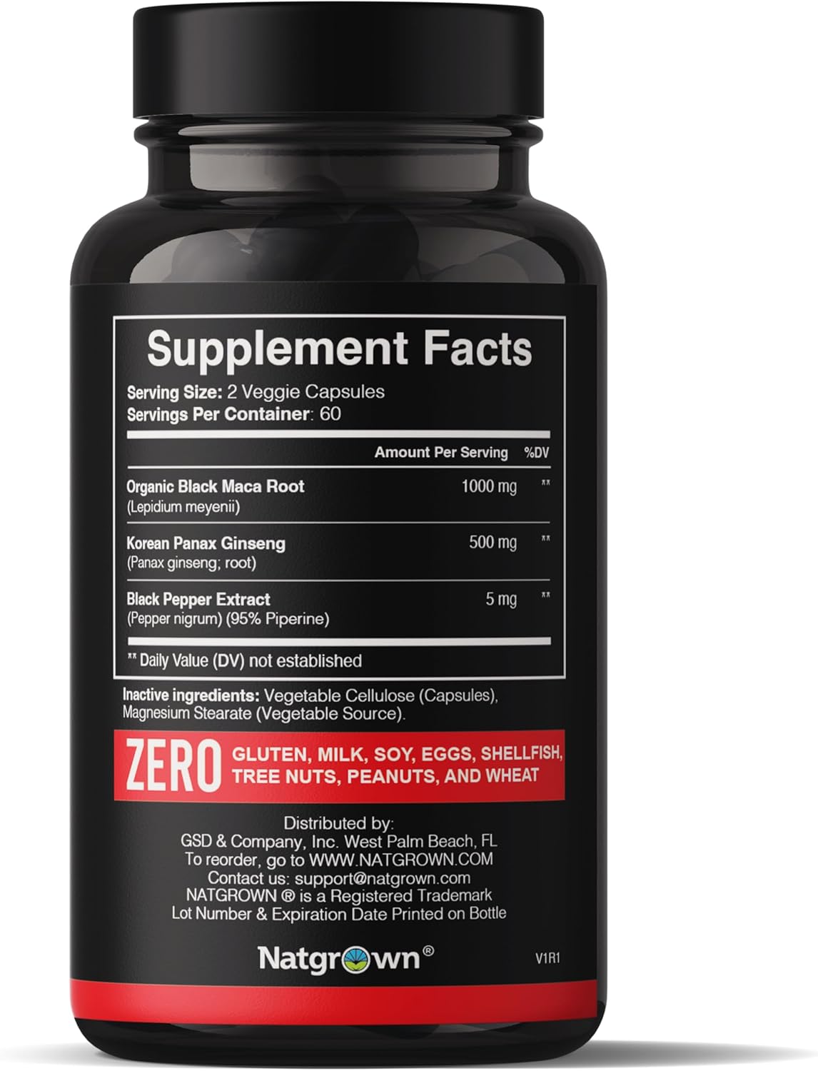 Natgrown Black Maca Root + Panax Ginseng Powder Capsules 1500 mg with Black Peruvian Maca Root & Korean Panax Ginseng Supplement for Men and Women - Vegan Pills (120 Count)