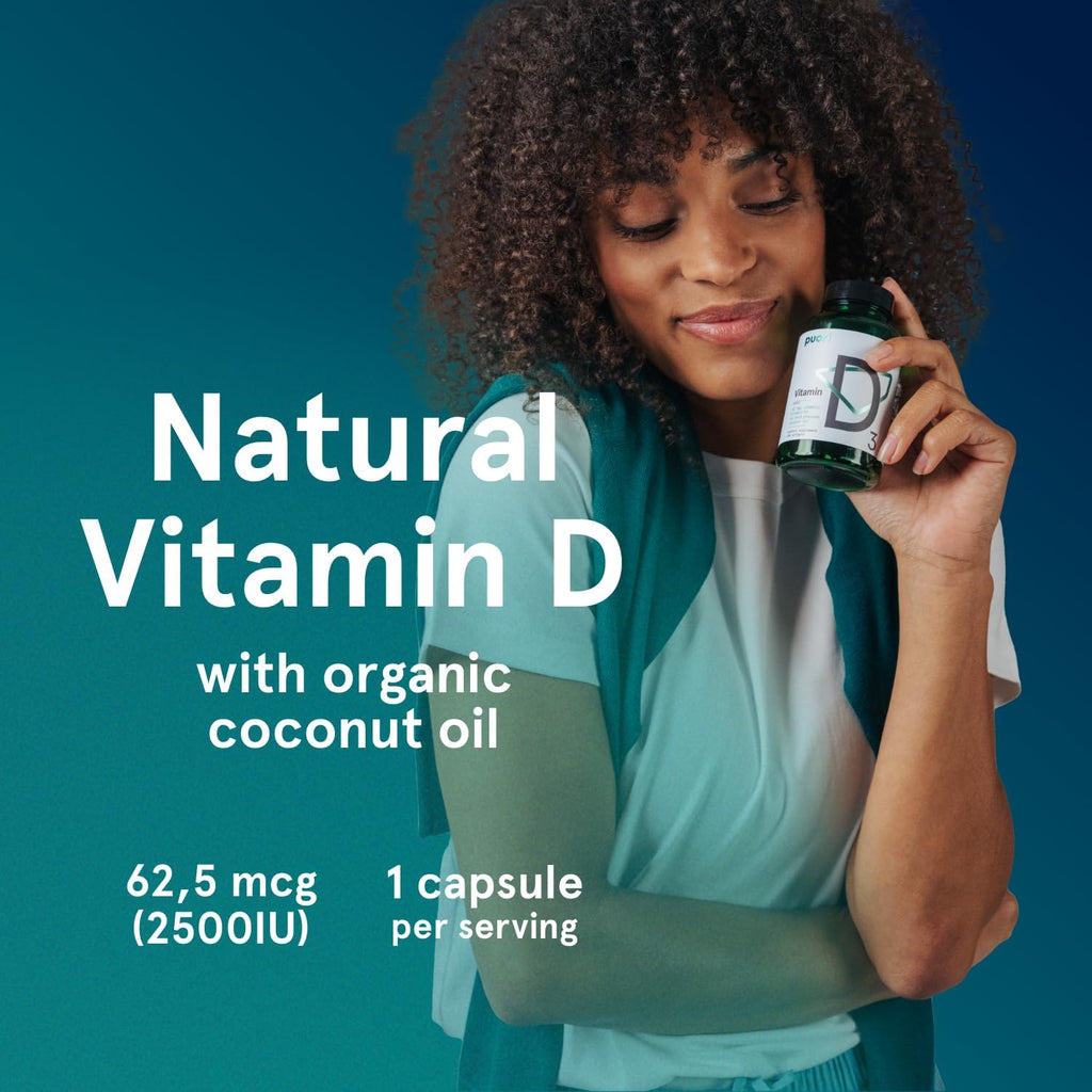 Puori Vitamin D3 with Organic Coconut Oil - 120 x 2500 IU - for Healthy Muscle Function, Bone Health, Immune Support and Calcium Uptake- Non-GMO and Gluten Free - For Children and Adults