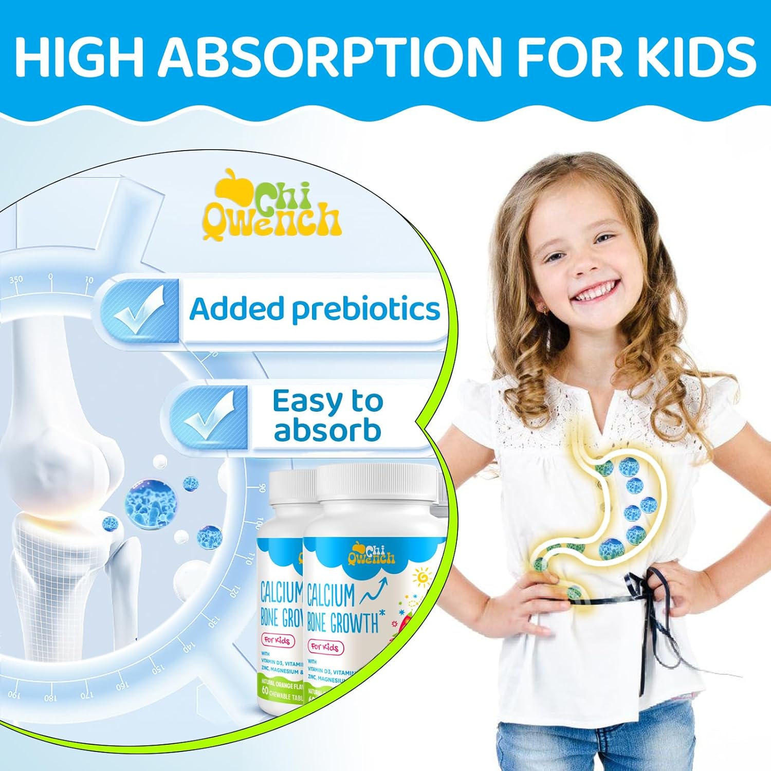 500 MG Calcium Supplement with Vitamin D3 & K2, Zinc, Magnesium & Prebiotics. Kids Vitamins for Kids' Height. Bone Strength, High Absorption, Orange Chewables, Non-GMO, Gluten Free, 60 Tabs