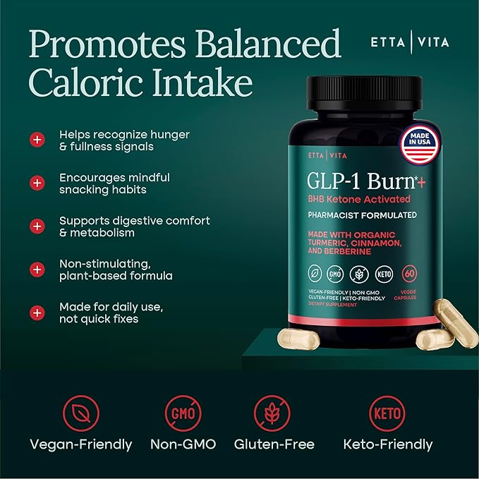 GLP-1 Supplement for Appetite Support and Metabolic Health for Men and Women with BHB Ketones, Apple Cider Vinegar, Berberine HCL, Turmeric and Cinnamon - Supports Energy, Digestion and Daily Balance