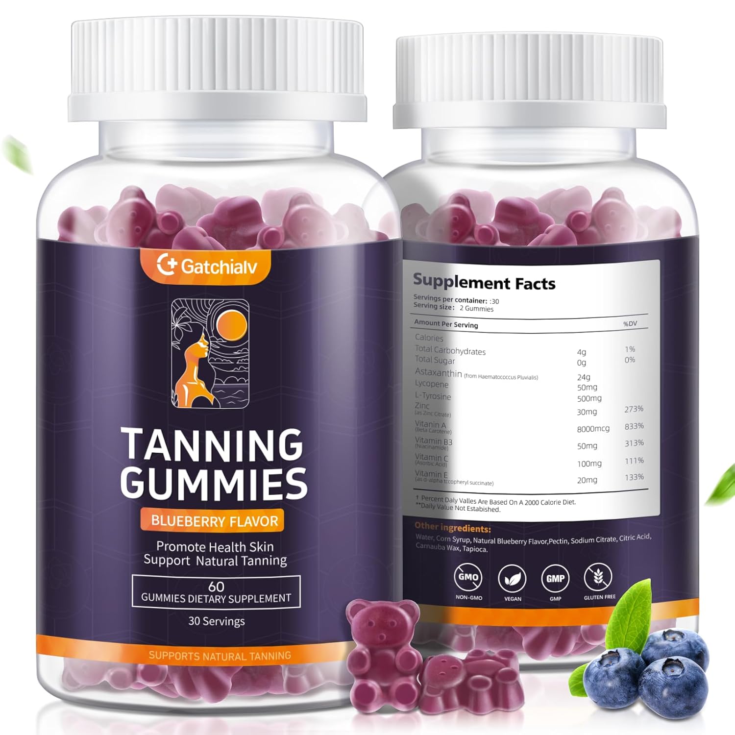 Tanning Gummies - Self Tan Bronzing Supplement that Work Without Sun - No Sugar Vegan with Astaxanthin Lycopene Beta Carotene and Vitamins-60 Count