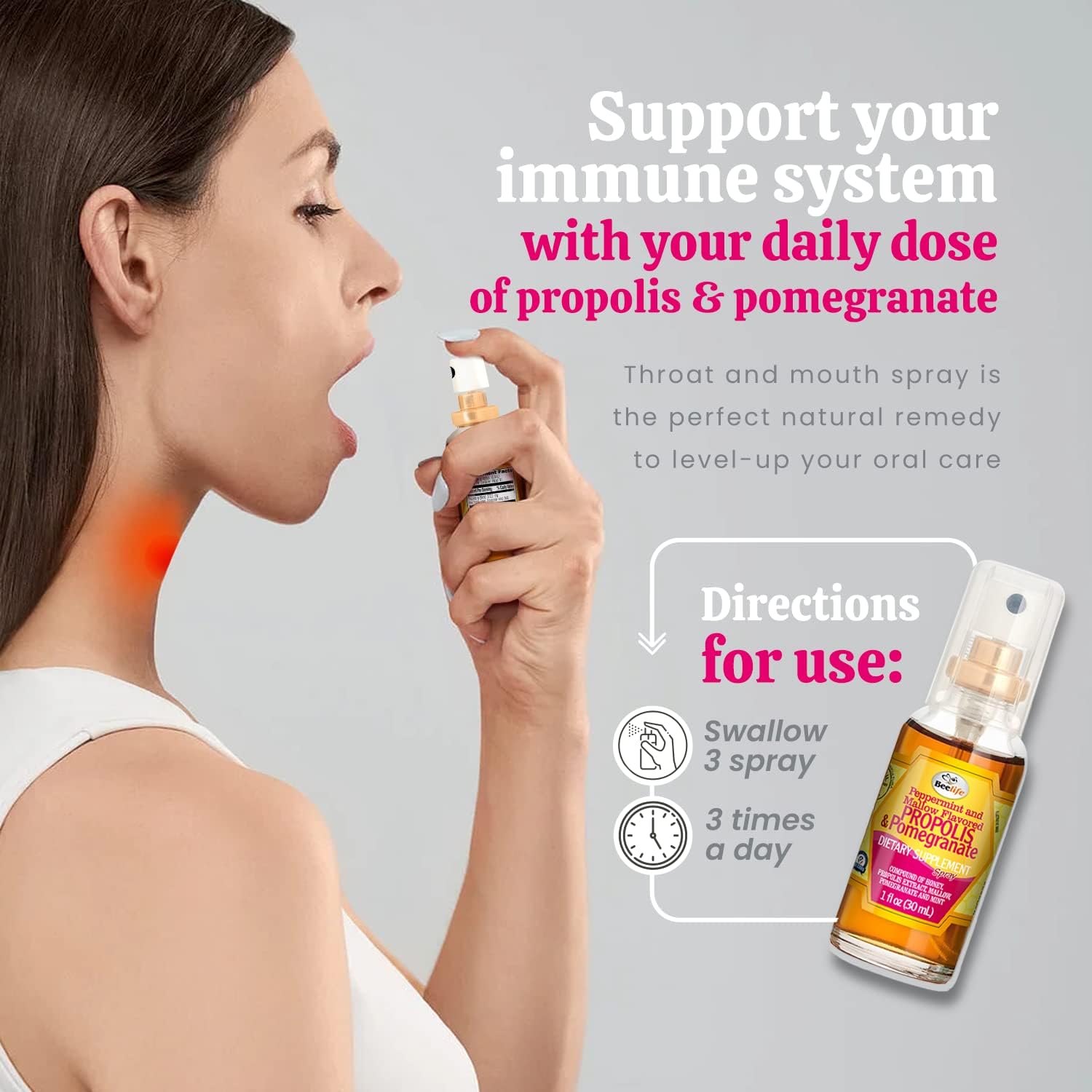 Beelife Propolis Throat Spray – Soothing Honey, Mint & Pomegranate - Natural Immune Support & Sore Throat Relief – Antioxidants, Rich in Flavonoids & Artepillin C, No Sugar, Gluten-Free -3-Pack, 90ml