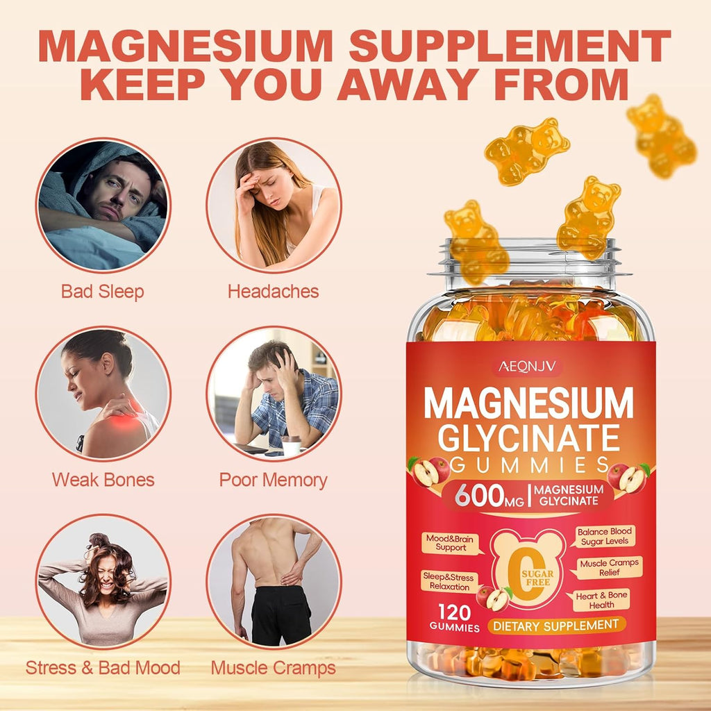 Magnesium Glycinate Gummies 600MG, Chewable Sugar Free Magnesium Citrate for Men & Women with L-Threonate, Vitamin B6, D3, Magnesium Supplements for Sleep, Body Support and Relaxation, 60 Day Supply