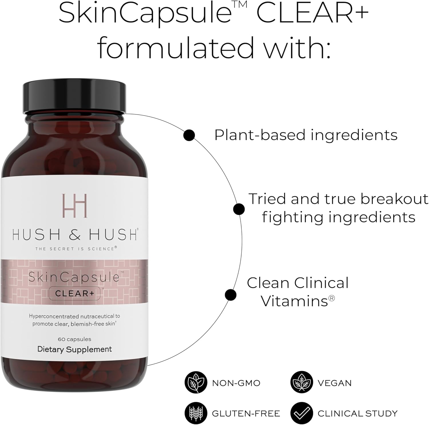 Hush & Hush SkinCapsule™ Clear+, Skin Care Supplement, Vegan, Acne Treatment for face, Clean Nutraceuticals Supplements That Contains Vitamin A, Turmeric, Dandelion Root, Zinc - 60 Capsules