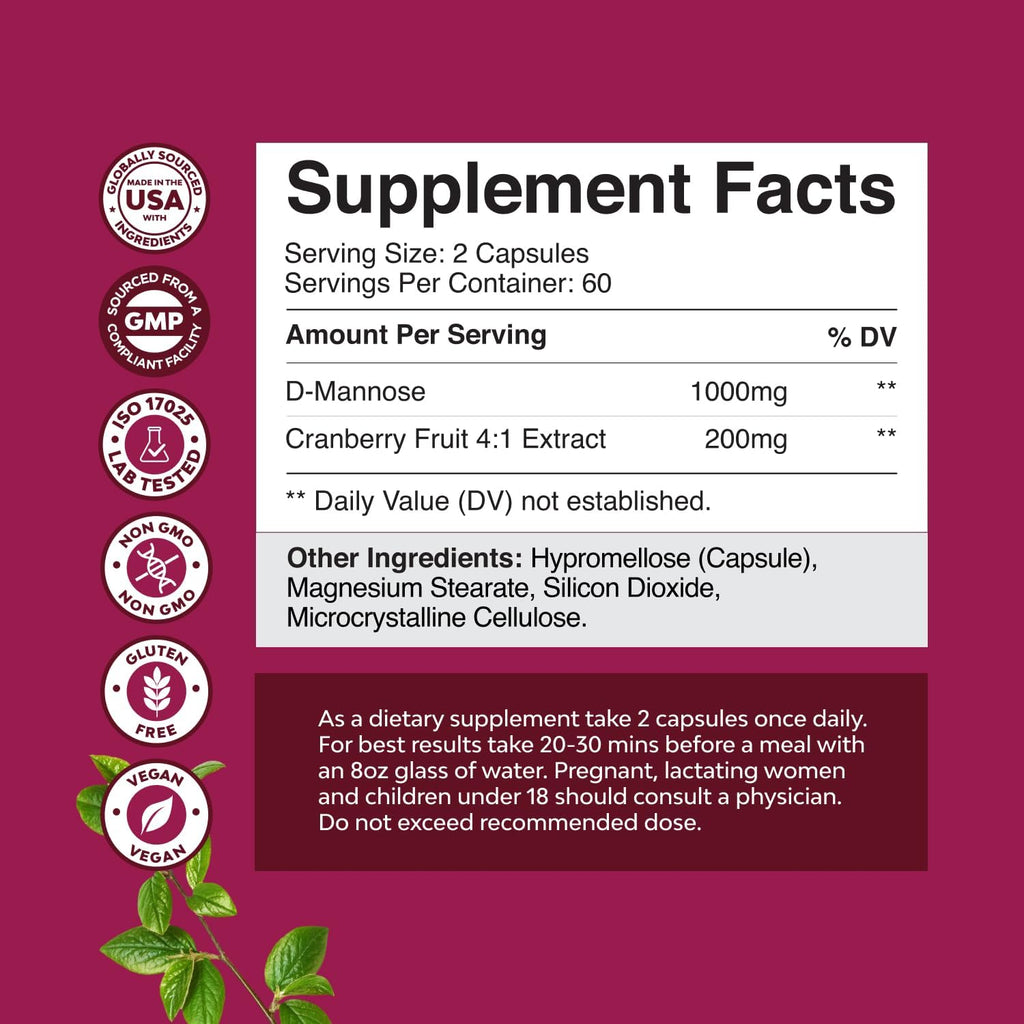 D Mannose with Cranberry Supplement - Potent D Mannose 1000mg Capsules for Kidney Defense Support & Cleanse and Urinary Tract Health for Women & Men - Bladder Health Supplement for Adults - 120 Count