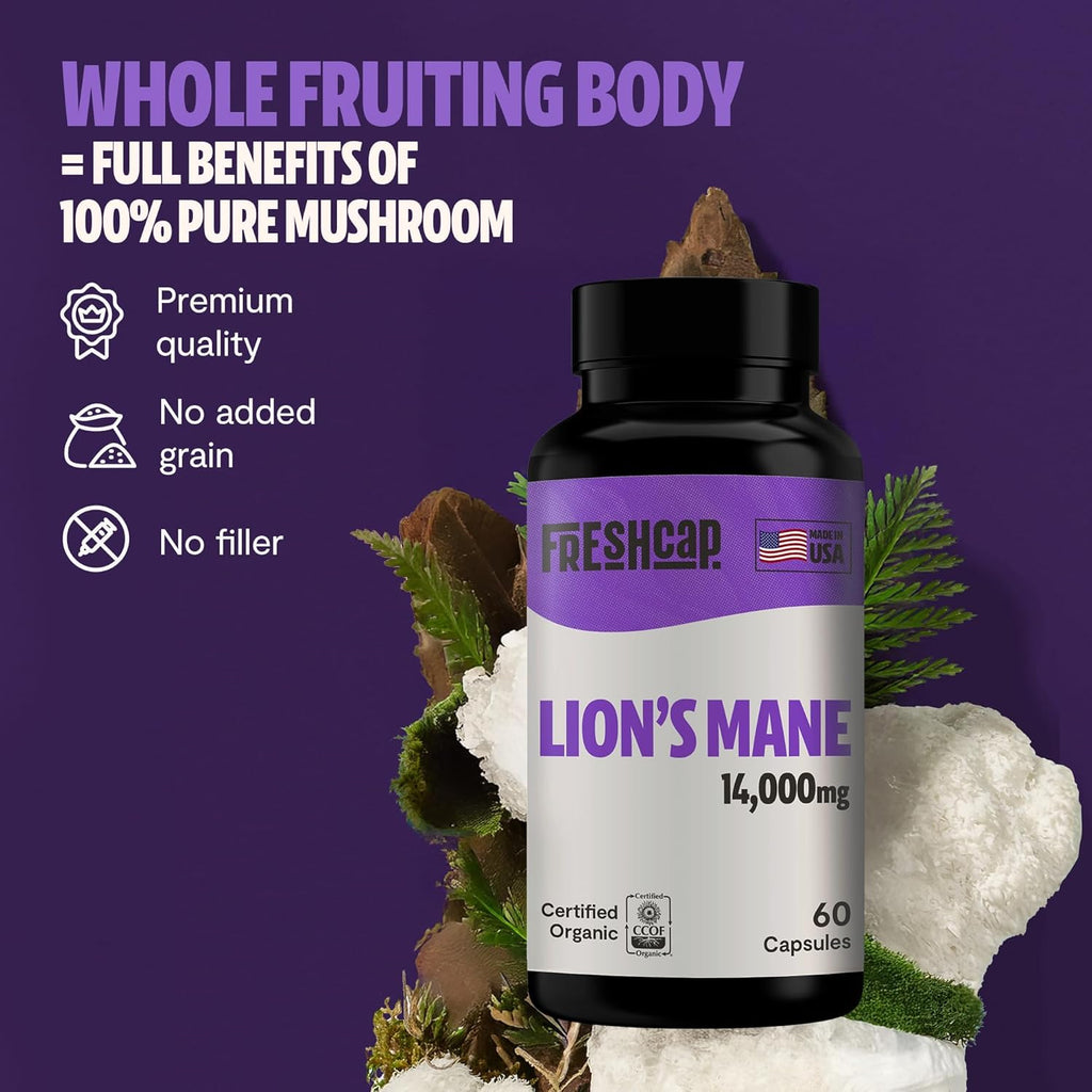 FreshCap Lions Mane Supplement Capsules 14,000mg - Lion's Mane Mushroom Extract for Brain Support, Premium Ayurveda Organic LionsMane Mushroom for Memory, Focus & Clarity (180 Capsules)