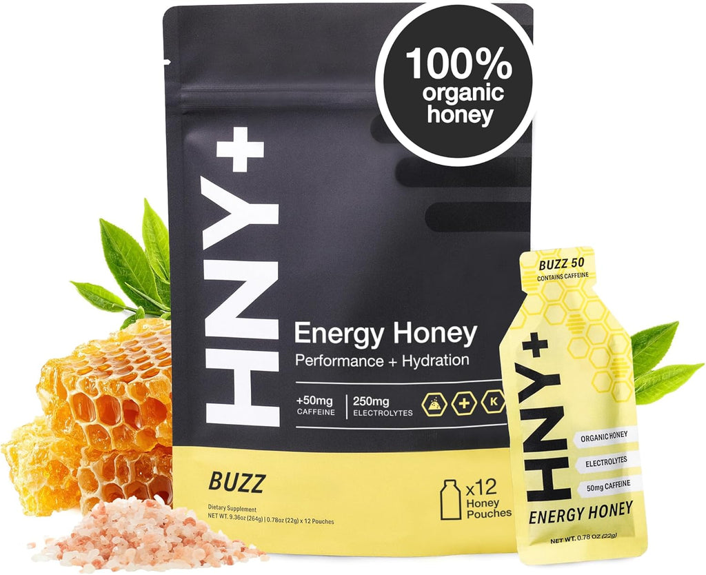 HNY+ Buzz Organic Honey Energy Gel with Electrolytes, Magnesium, Sea Salt, Potassium & Green Tea Caffeine, Gluten Free & Vegan, Workout Gels, for Gym, Running & Hiking, 50mg Caffeine, 12 Pack