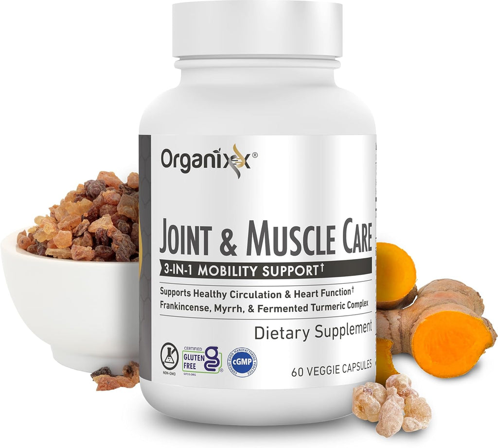 Organixx Joint & Muscle Care Organic Turmeric Supplement, 3-in-1 Frankincense, Turmeric and Myrrh Joint Health & Joint Support Supplement Body Care Capsules, Supports Swelling, Tension, 60 Capsules