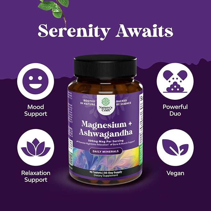 Pure Calm Relaxing Magnesium Glycinate Supplement with Ashwagandha - Magnesium for Stress Support & Rest Ease for Adults - High Absorption Tablets for Bone Support & Muscle Cramps - 90 Count