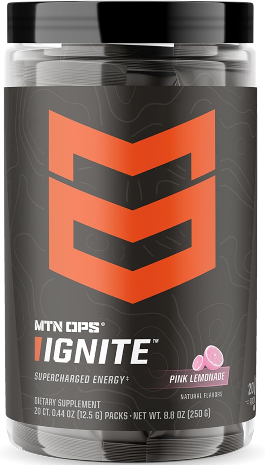MTN OPS Ignite Trail Packs Energy Drink Powder, Gluten Free Nootropic Supplement Drink Mix, L Arginine, L Citrulline, Caffeine & Nootropic Sugar Free Drink Mix, 20 Servings, Pink Lemonade