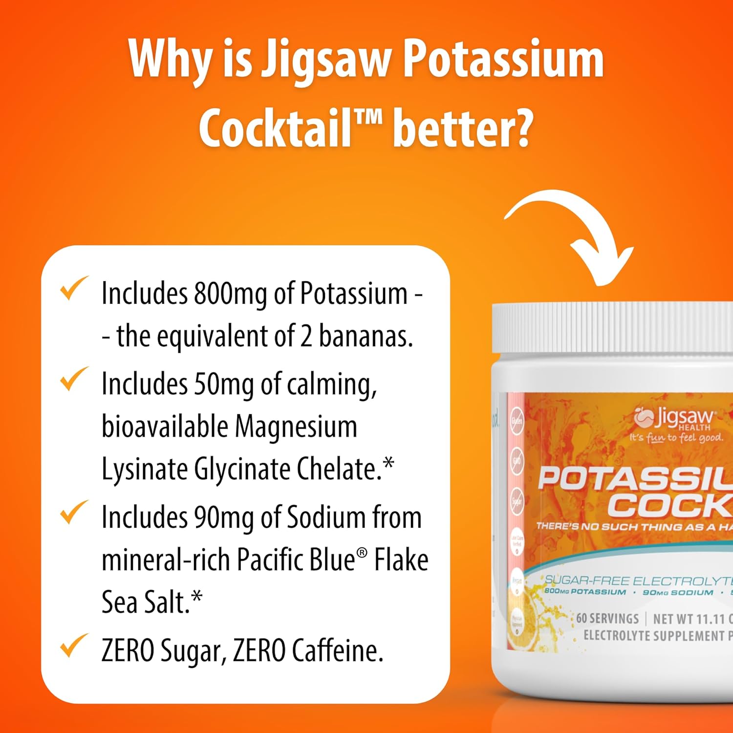 Jigsaw Health Potassium Cocktail | Formerly Pickleball Cocktail | Orange Flavor | 60 Servings (Jar)