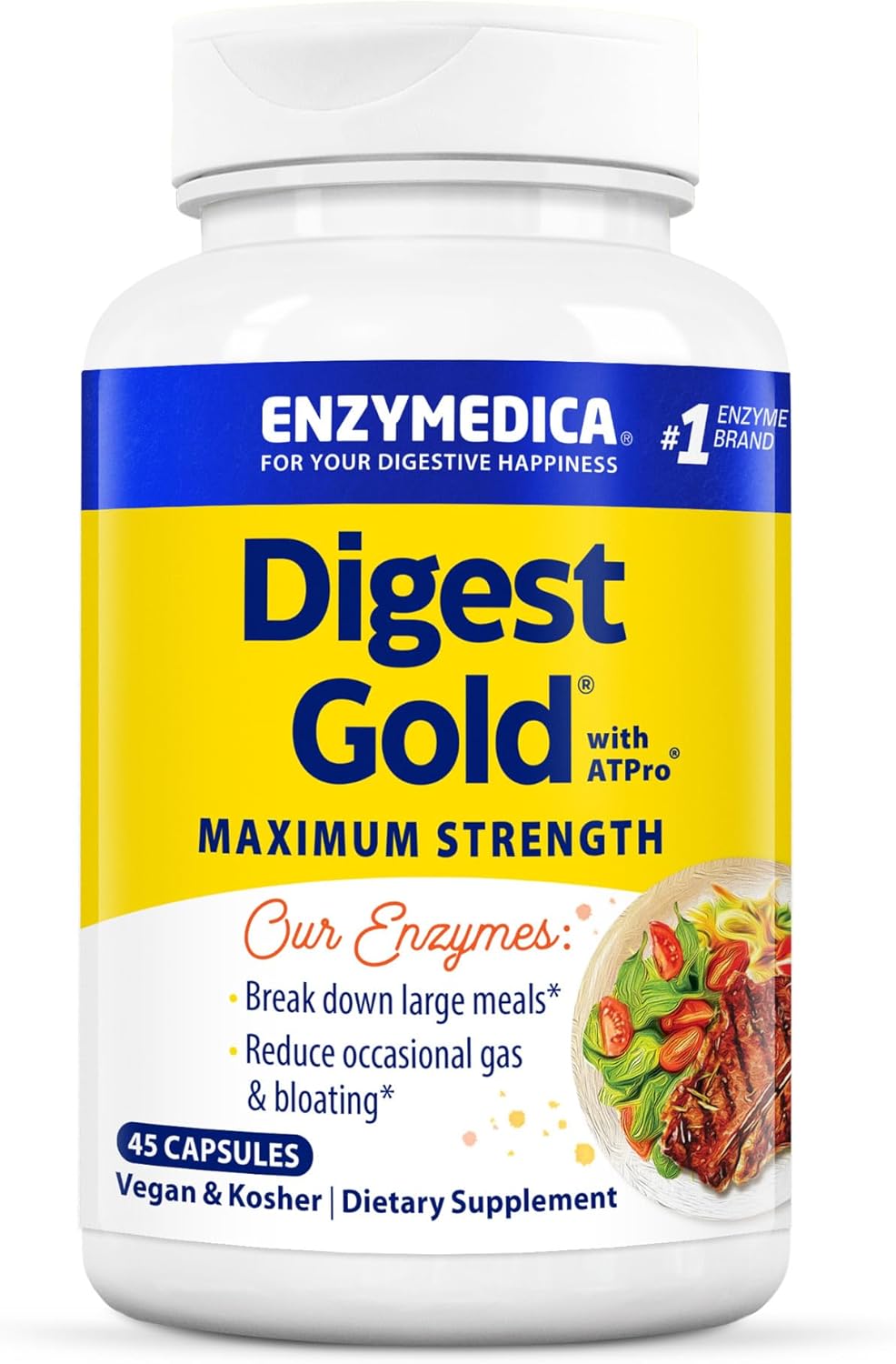 Enzymedica Digest Gold + ATPro, Maximum Strength Digestive Enzymes, Helps Digest Large Meals for Instant Bloating Relief, 45 Count