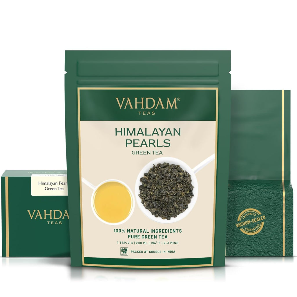 VAHDAM, Himalayan Pearls Green Tea Loose Leaf | 3.53 Oz (50 Cups) High Elevation Grown Green Tea Leaves From Himalayas | Pure Unblended Single Origin Green Loose Leaf Tea | Vacuum Sealed