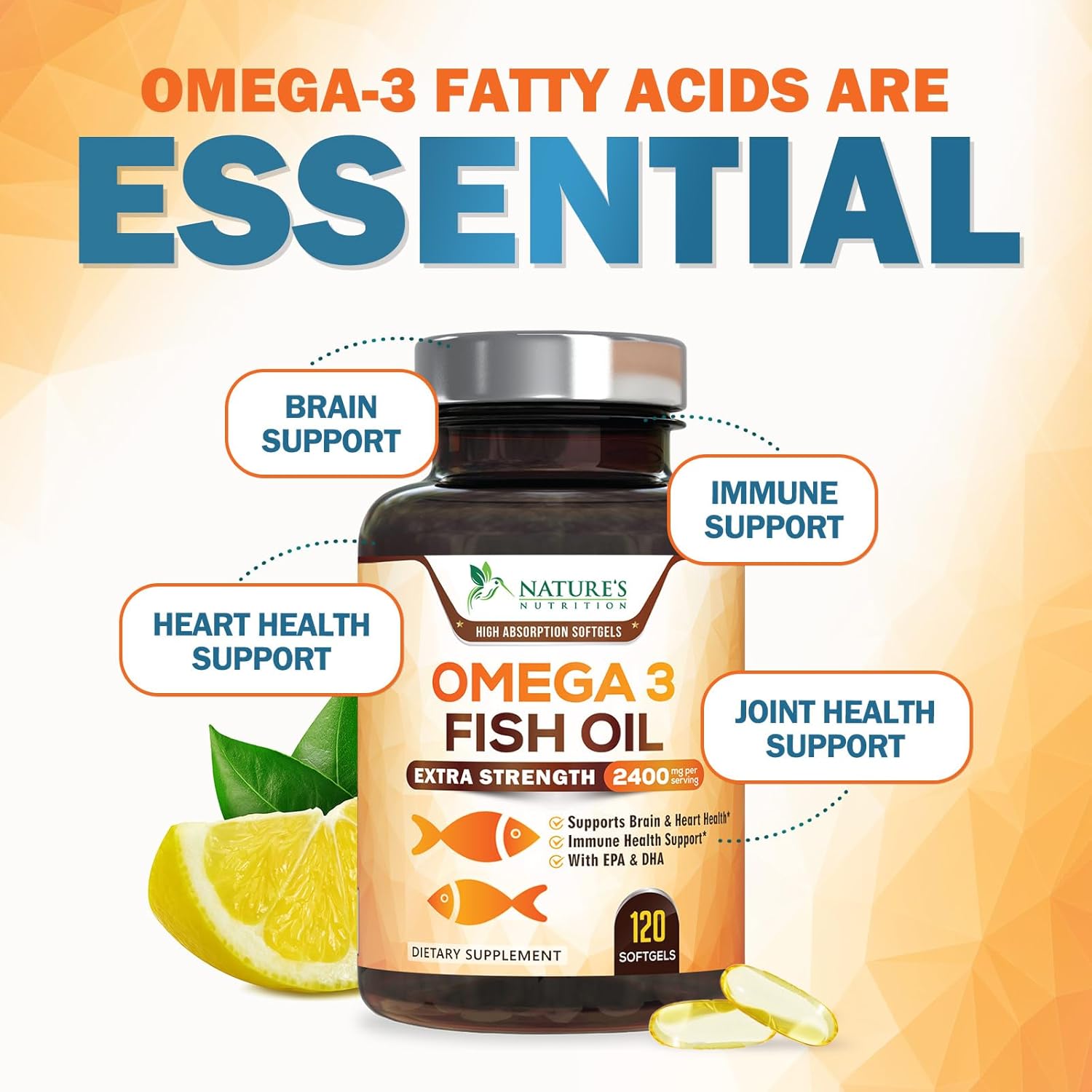 Omega 3 Fish Oil 2400 mg – Triple Strength EPA & DHA Fatty Acids for Heart, Brain & Joint Support – Wild-Caught, Burpless, Lemon Flavor Supplement – Natural, Non-GMO, Gluten-Free – 120 Softgels