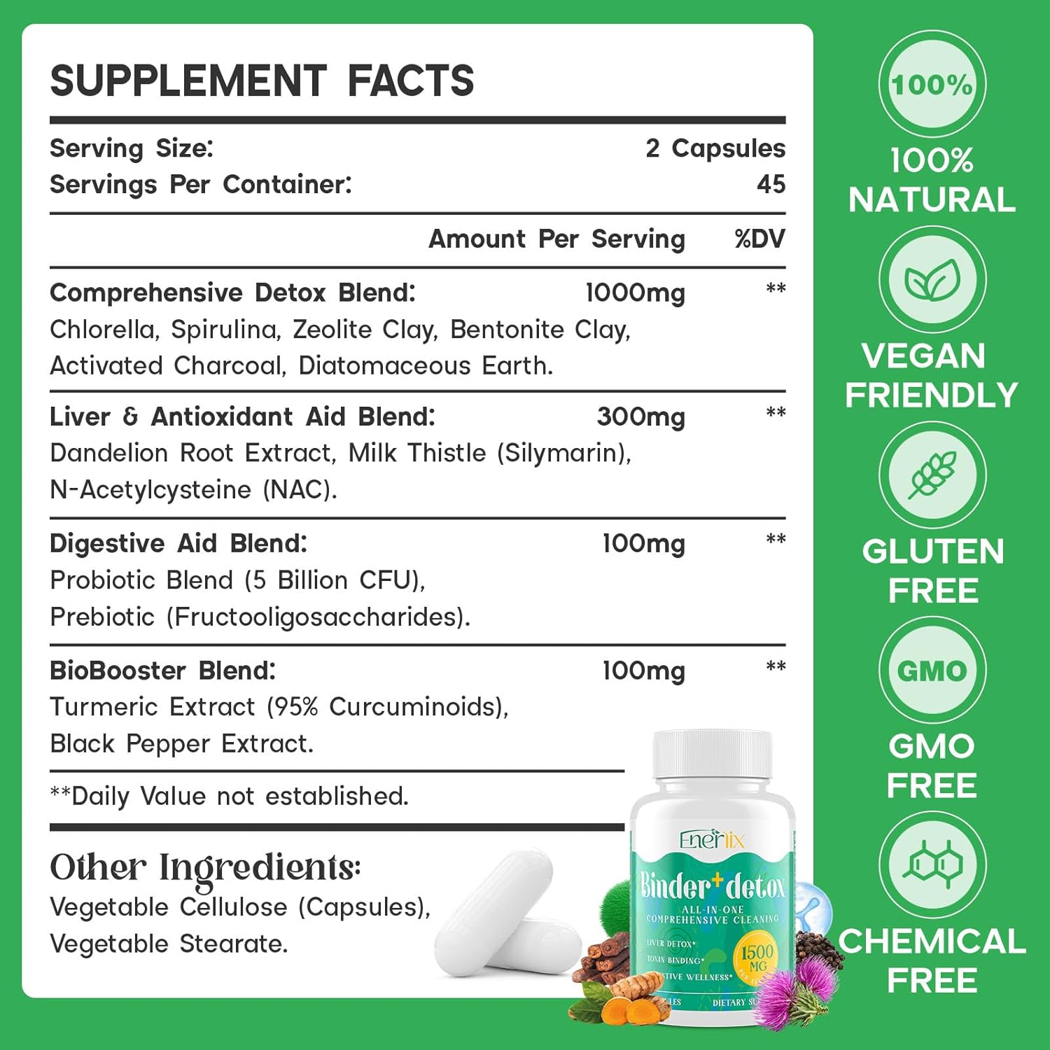 15-in-1 Detox Binder, Activated Charcoal, Zeolite & Bentonite Clay, Chlorella, 1500 MG Detox Supplement Maximum Absorbent, Liver Gut Digestive Detox Cleanse, 90 Vegan Capsules