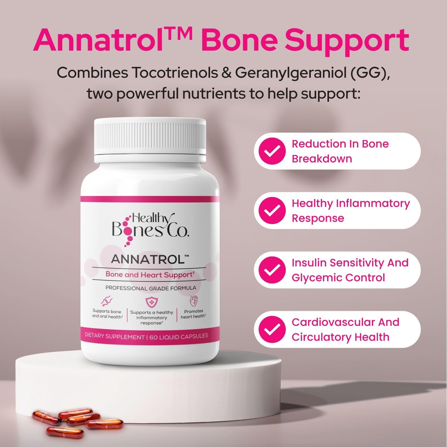 Annatrol Bone Support, Premium Annatto Tocotrienols & Geranylgeraniol (GG) Vitamin E Supplement, 300mg Tocotrienols Vitamin E (DeltaGold Delta + Gamma) 300mg GG-Gold, Helps Promote Bone & Heart Health
