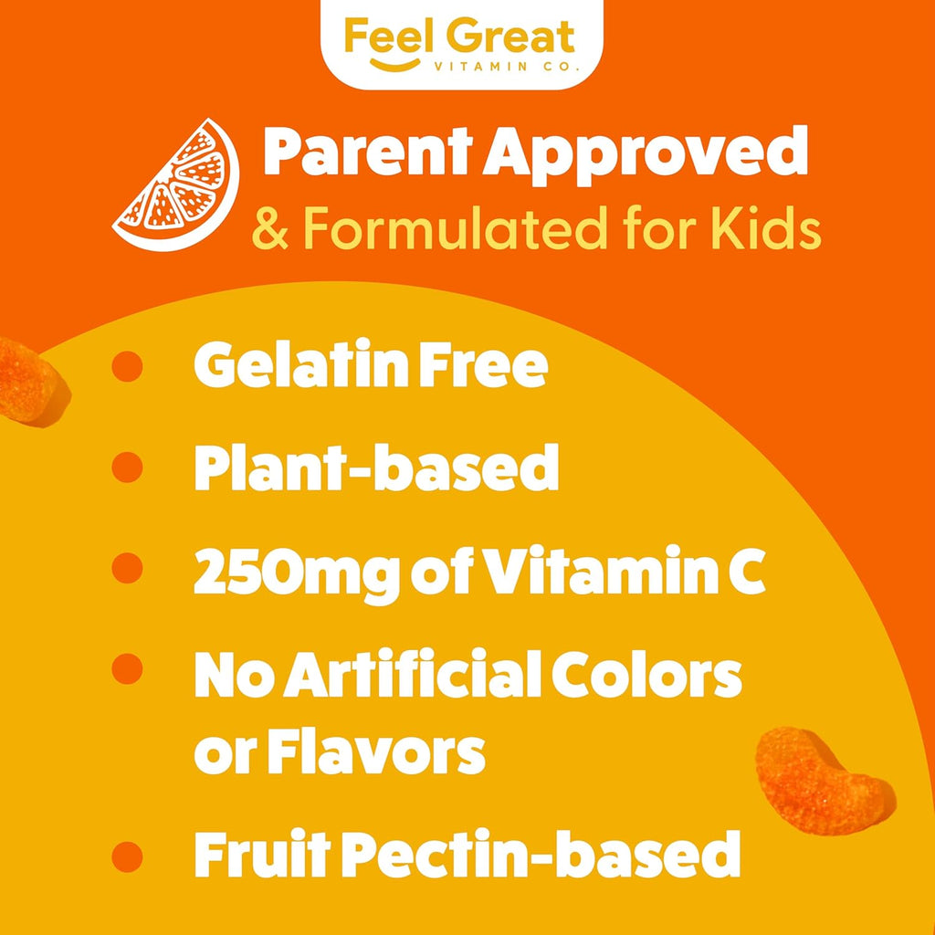 Kids Vitamin C Gummies Chewable for Immune Defense | Plant-Based, Gluten Free | Vegan | 250 mg per Serving | 90 Gummies | Vitamins for Kids by Feel Great Vitamin Co.