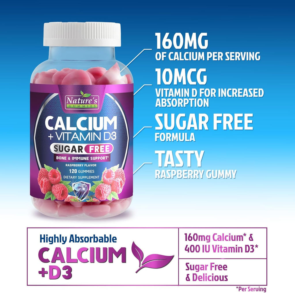 Sugar Free Chewable Calcium Gummy Vitamins - Plus 400 IU Vitamin D3 for Bone, Teeth, & Immune Health Support - Calcium Supplements for Women & Men Daily, Non-GMO, Berry Flavored - 120 Gummies