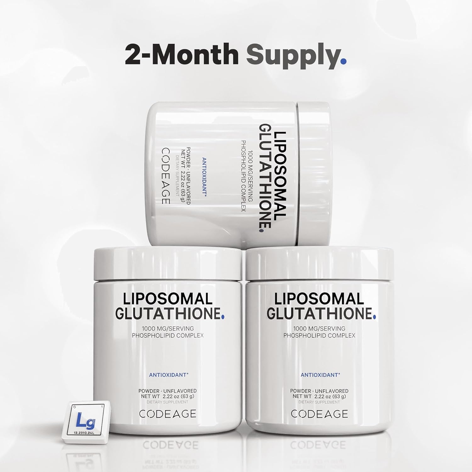 Codeage Liposomal Glutathione Powder - 1,000 mg L-Glutathione per Serving, Liposomal Delivery - 2-Month Supply - Vegan Reduced L-Glutathione - Unflavored - Phospholipid - Non-GMO Gluten-Free - 2.22 Oz