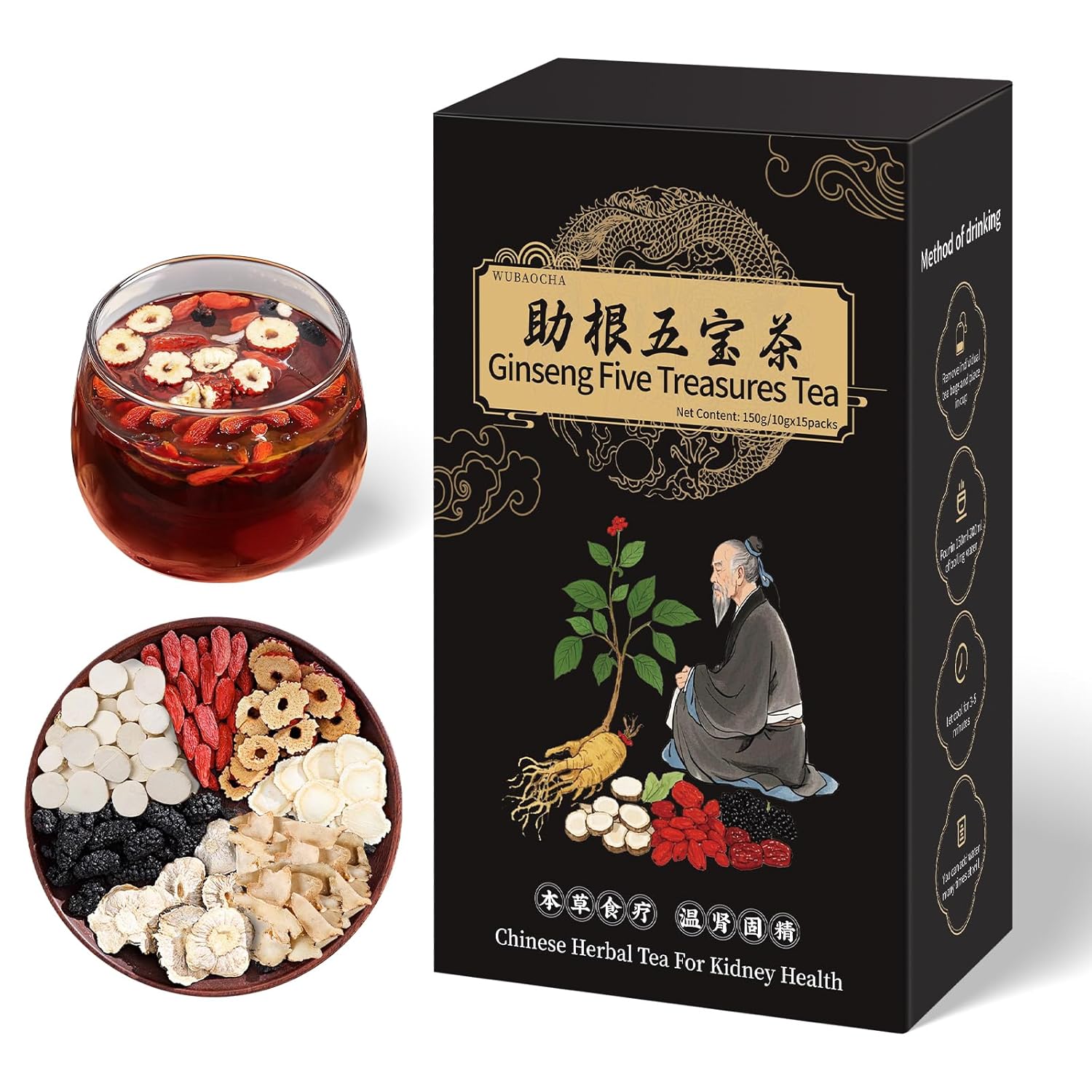 Ginseng Five Treasures Kidney Tea, Chinese Ginseng Six Treasure Tea Cleanse Detox TeaBags for Women and Men's Kidney Health, 7 Precious Ingredients Formula (15 Bags/1 Boxes)