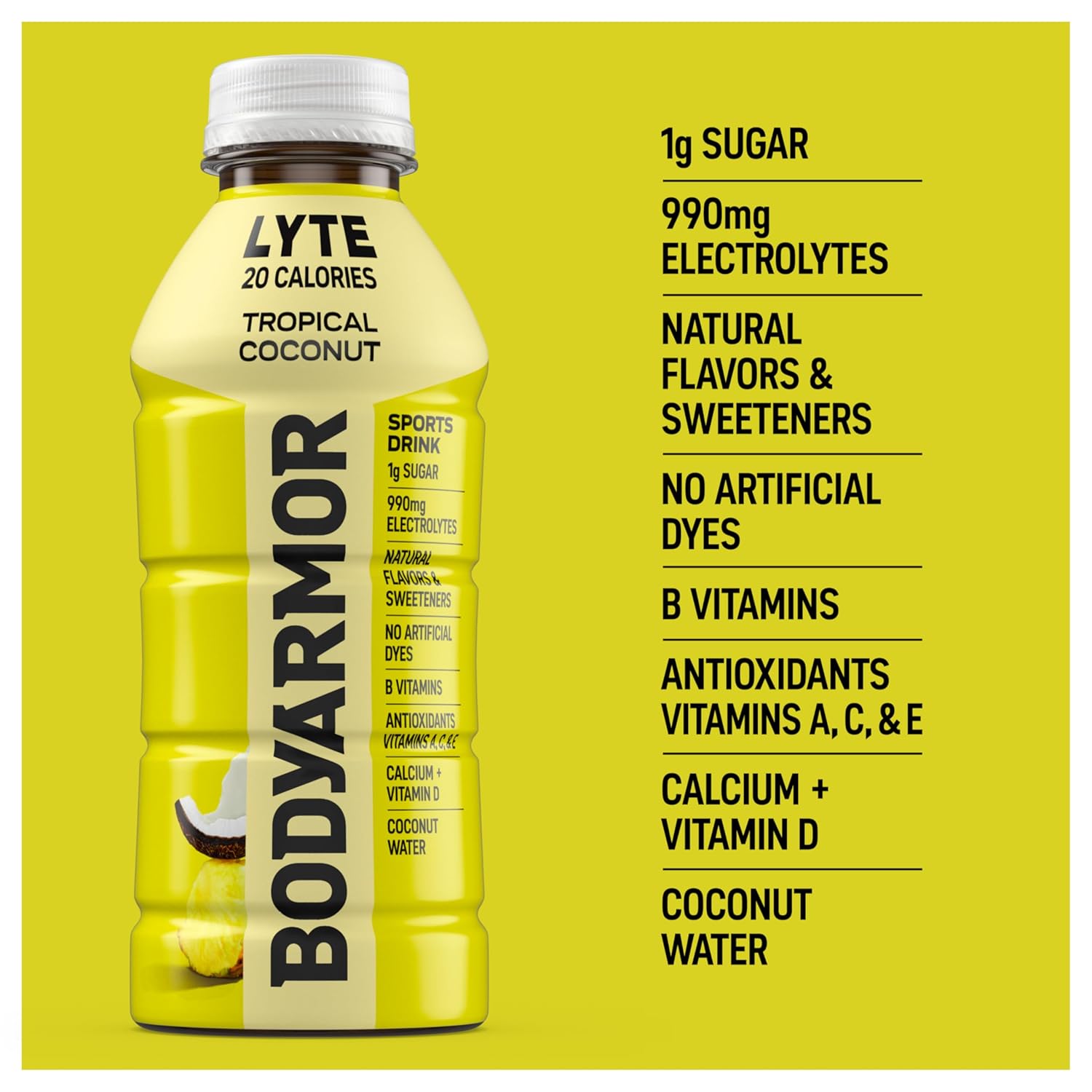 BODYARMOR LYTE Sports Drink Low-Calorie Sports Beverage, Tropical Coconut, Coconut Water Hydration, Natural Flavors With Vitamins, Potassium-Packed Electrolytes, Perfect For Athletes, 16 Fl Oz (Pack of 12)