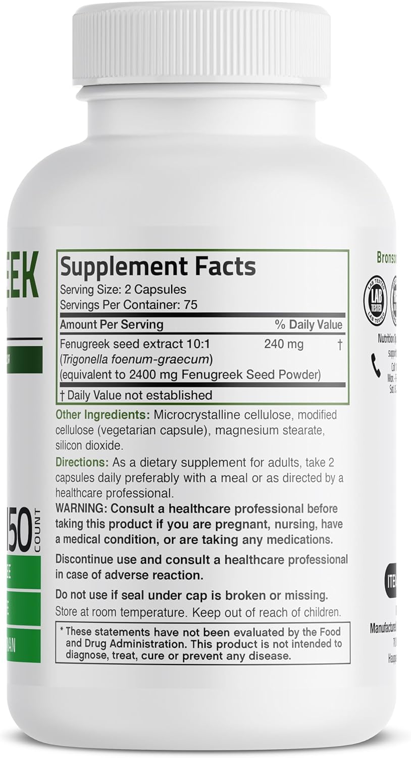 Bronson Fenugreek Seed Powder Capsules Extra Strength, Trigonella Foenum-Graecum, Non-GMO, Soy-Free, Vegetarian, 150 Capsules