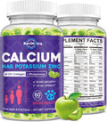 Calcium Potassium Magnesium Gummies for Kids & Adults, Magnesium Potassium Calcium Supplement for Kids, Sleep, Bone Strength, Density Support, Sugar Free, Juice Apple & Kiwi Flavor, 60 Gummies