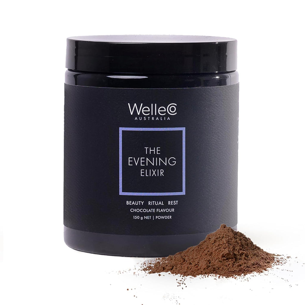 WelleCo The Evening Elixir Skin Care Vitamin C Hot Chocolate Beauty Drink Mix with Niacin, Lemon Balm, and Magnesium for Sleep, Collagen Formation, Gluten Free, Vegan, Dairy Free, 150g (5.3oz) Jar