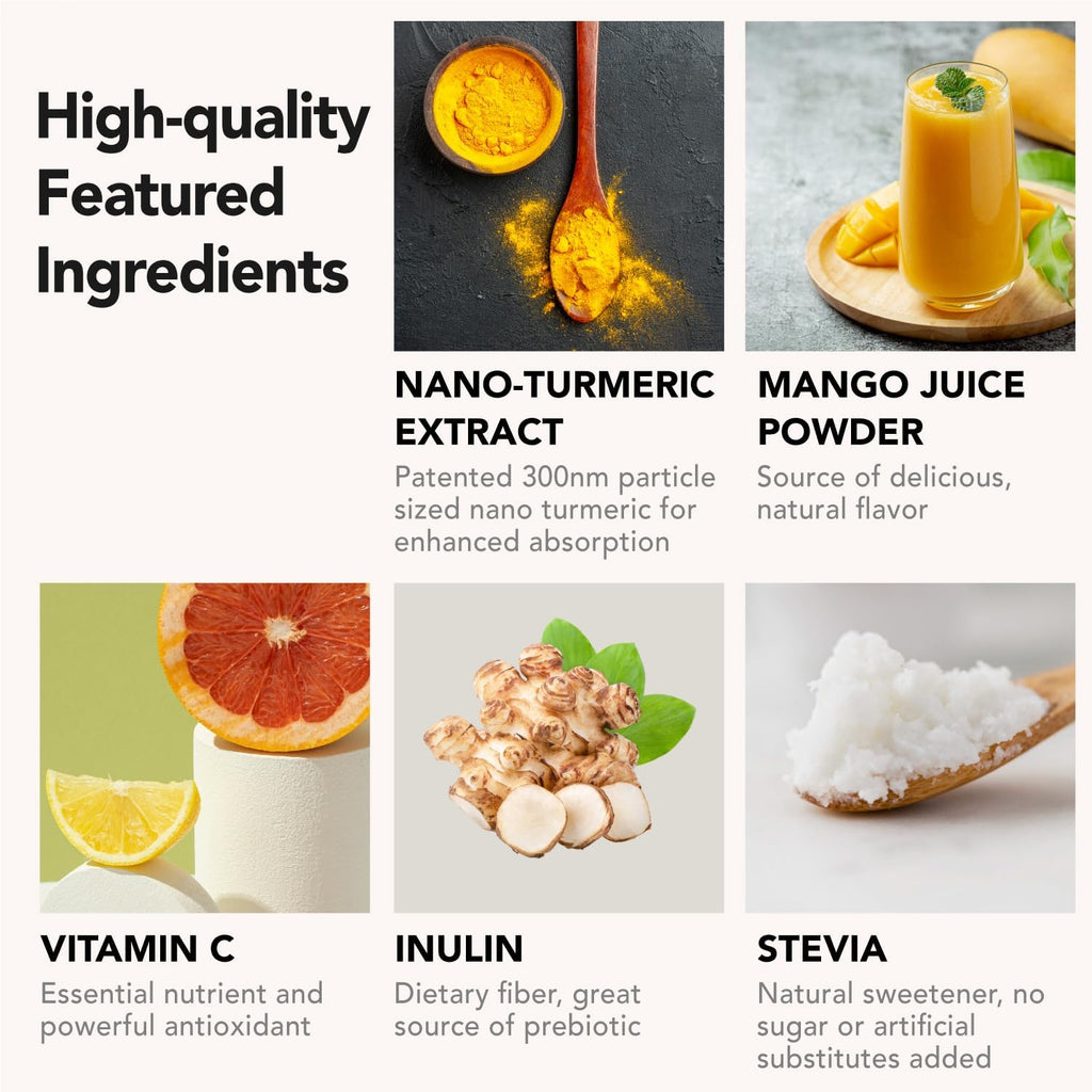 Nano Turmeric Curcumin Drink Powder, Golden Juice for Wellness & Immunity, No Turmeric Taste, Add to Smoothies/Water Daily Morning Routine–35X Absorption–Mango Flavor–Joint Support Supplement