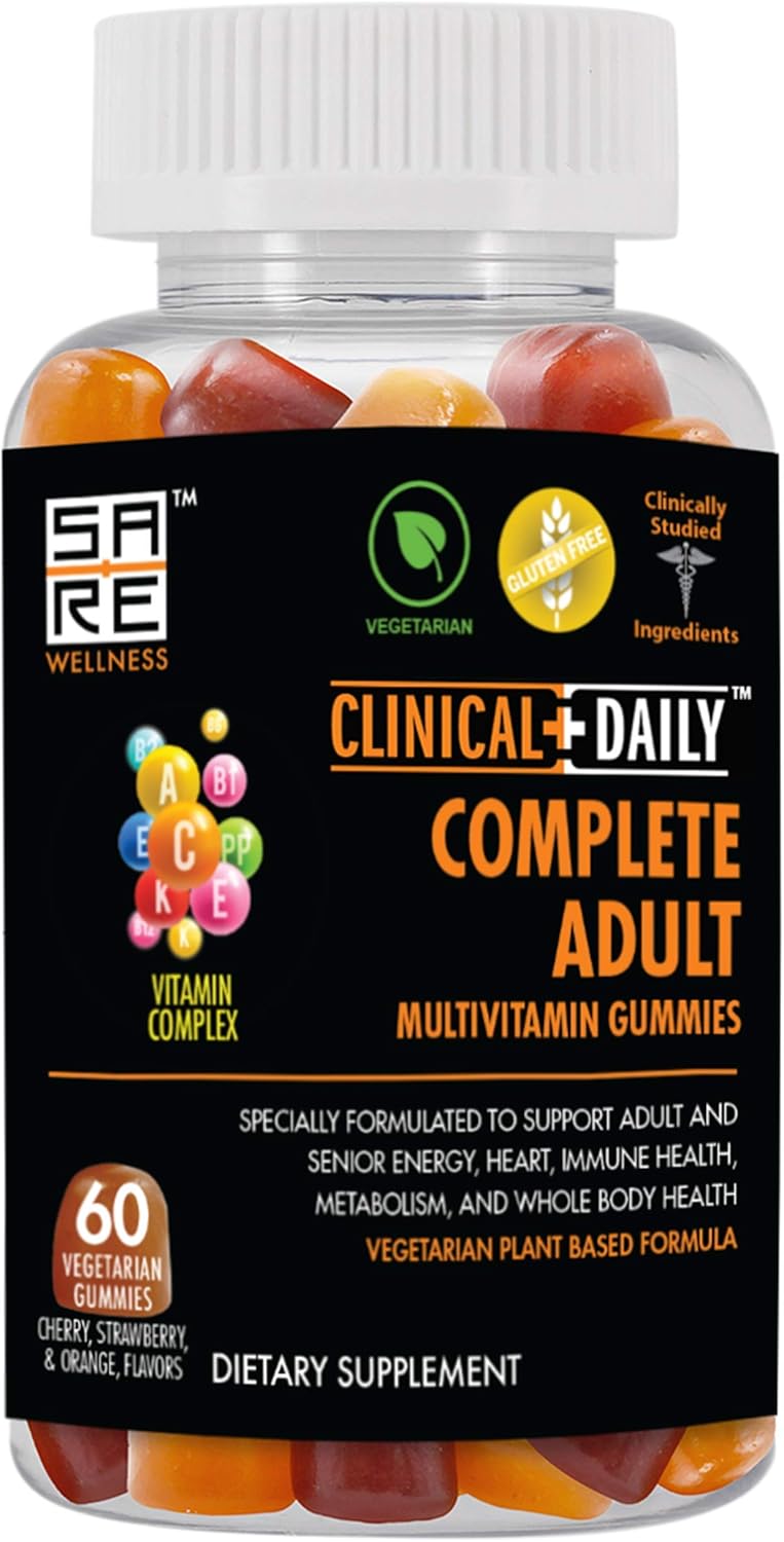 Clinical Daily Complete Daily Multivitamin Gummy for Women, Men, Teens, or Seniors. Contains Vitamins A, E, C, and B Complex from Superfood Fruits & Vegetables. 60 Vegetarian, Gluten Free Gummies