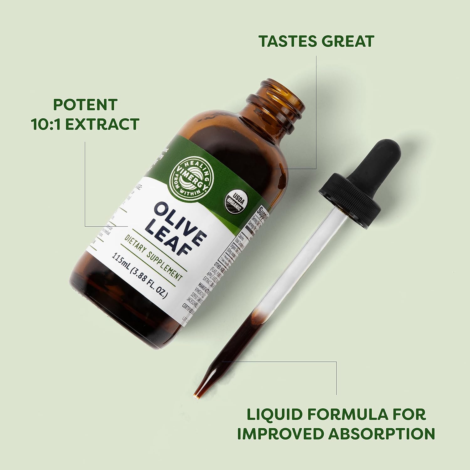 Vimergy Olive Leaf – Supports Immune Health* – Benefits Cardiovascular Function* – USDA Certified Organic, Vegan, Paleo-Friendly and Gluten-Free – 115 mL (57 Servings)