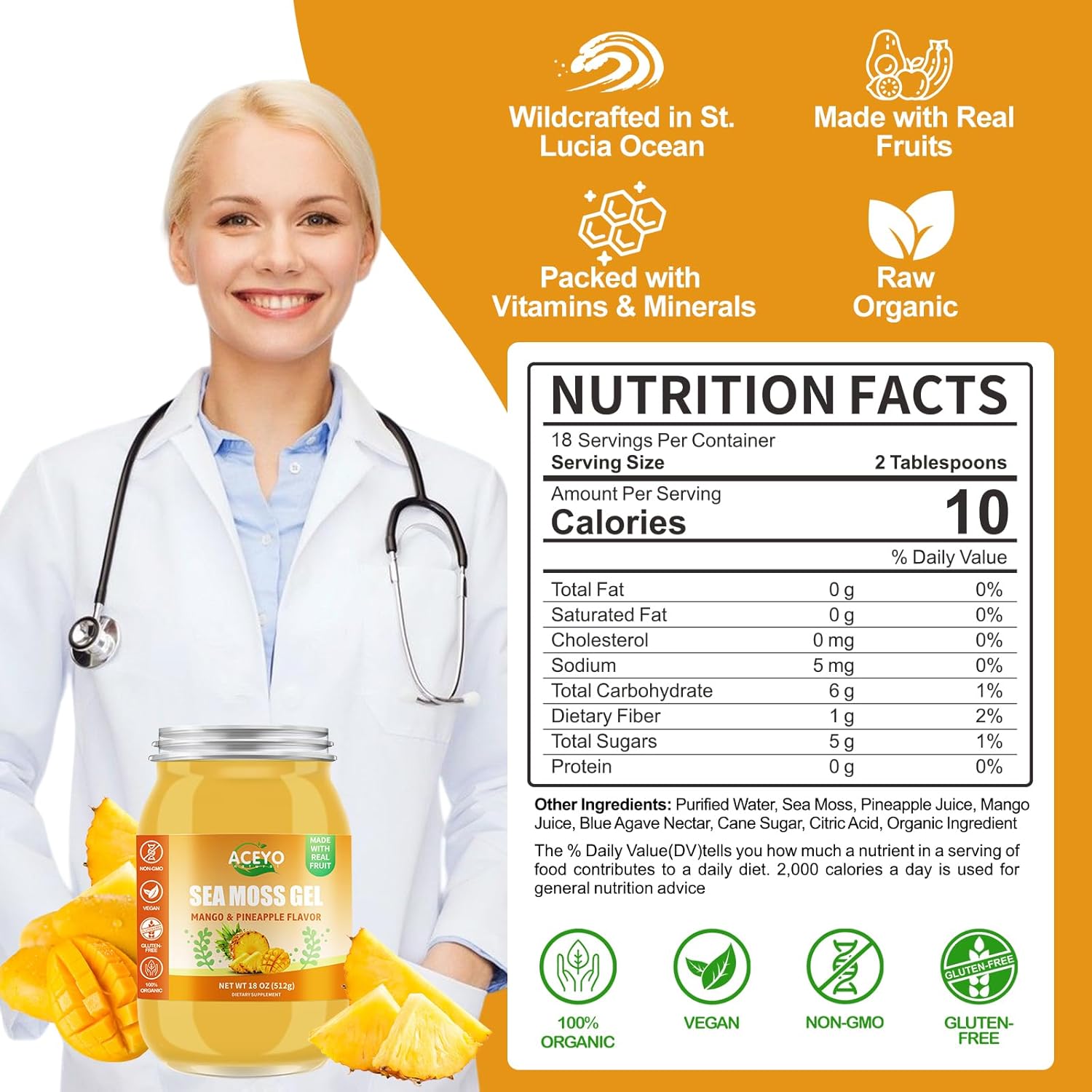 ACEYO (18 OZ) Irish Sea Moss Gel Raw Vegan Mango Pineapple Flavor 102 Vitamins and Minerals Wild Harvested Non-GMO