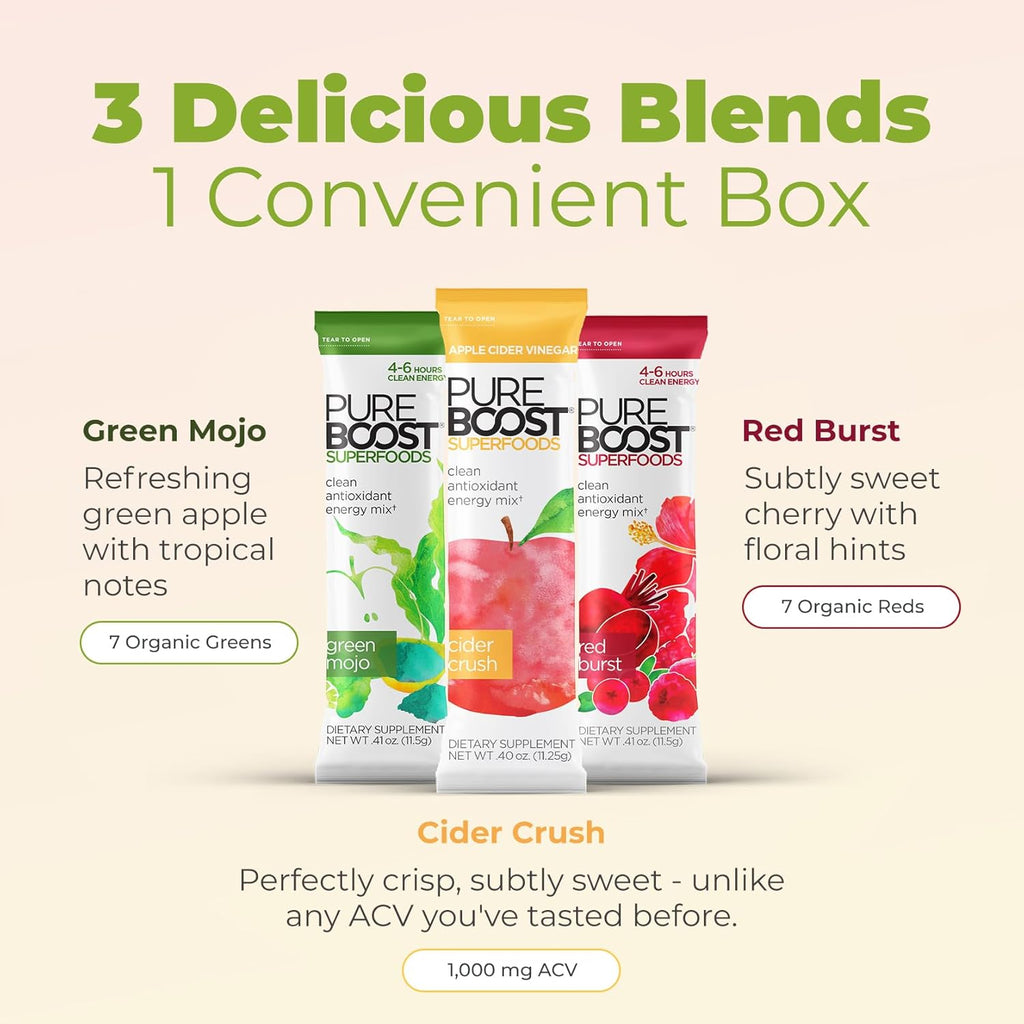 Pureboost Superfoods Clean Energy Booster, Energy Drink Mix with Apple Cider Vinegar, 7 Organic Red or Green Superfoods. Sugar-Free, No Sucralose, Electrolytes (Combo Pack, 30 Count)