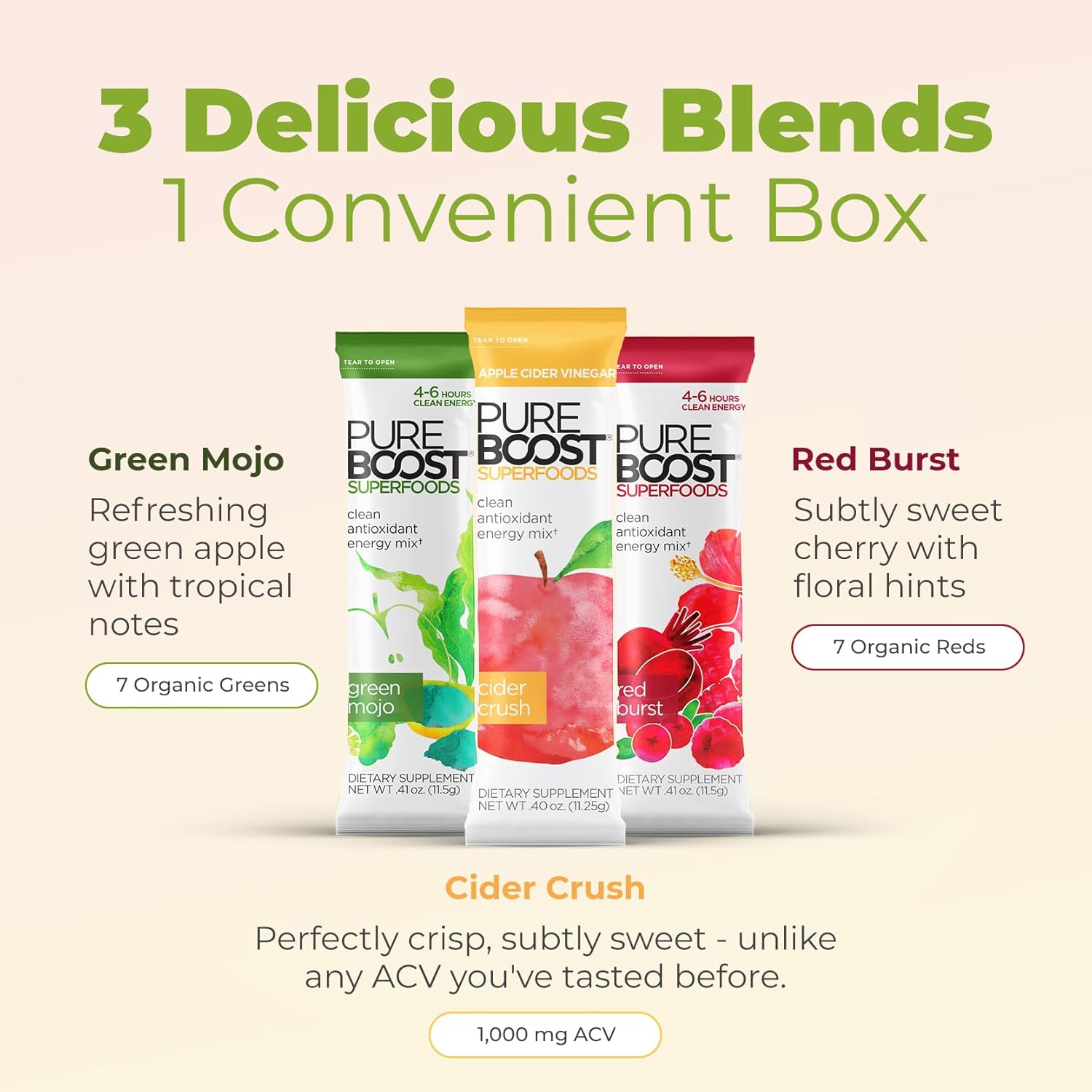 Pureboost Superfoods Clean Energy Booster, Energy Drink Mix with Apple Cider Vinegar, 7 Organic Red or Green Superfoods. Sugar-Free, No Sucralose, Electrolytes (Combo Pack, 30 Count)