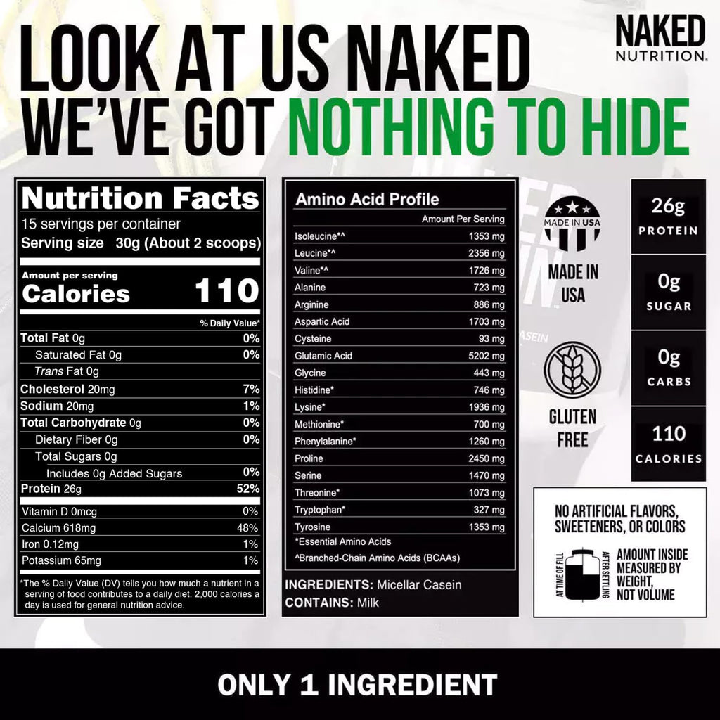 NAKED Casein - 1Lb Micellar Casein Protein - Bulk, GMO-Free, Gluten Free, Soy Free, Preservative Free - Stimulate Muscle Growth - Enhance Recovery - 15 Servings