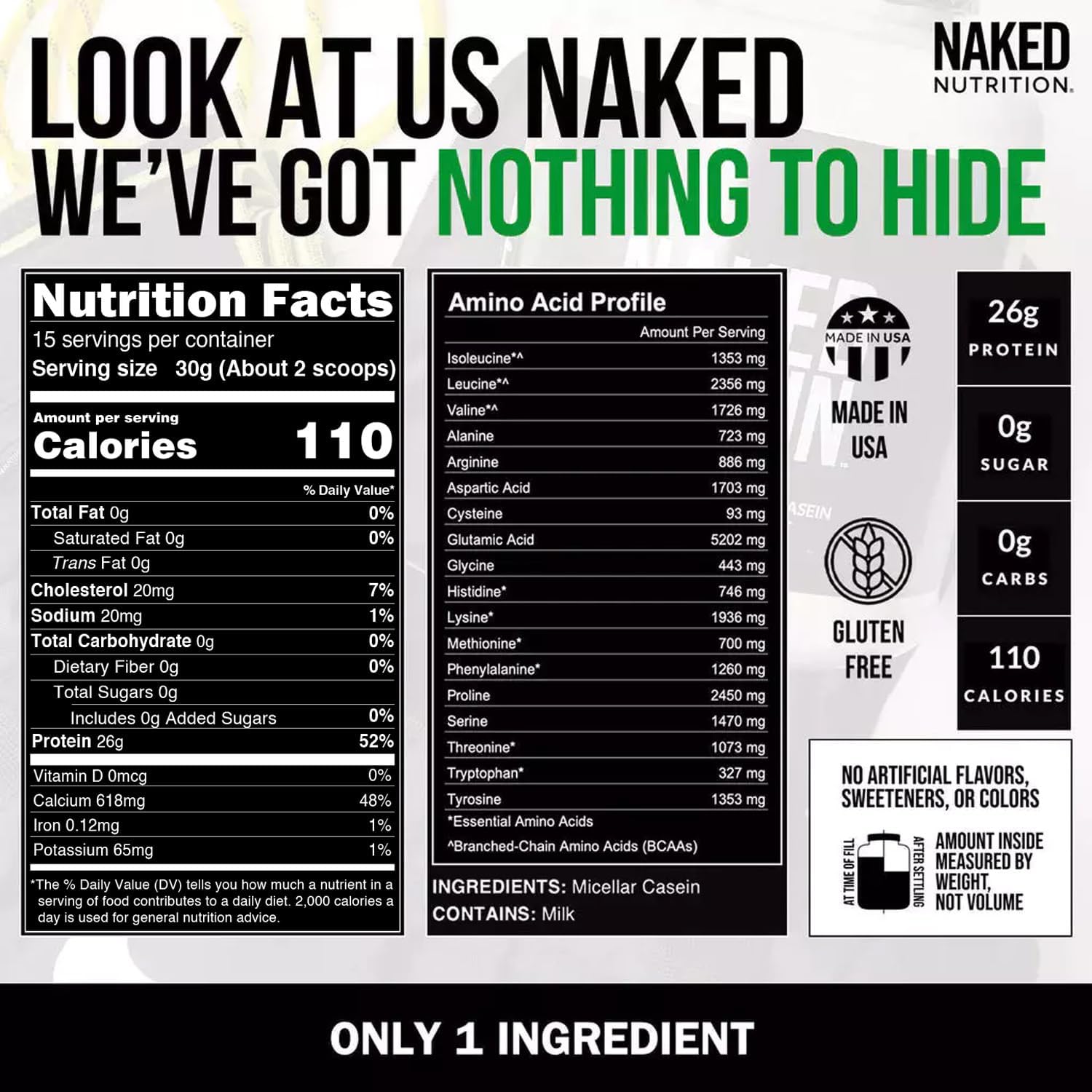 NAKED Casein - 1Lb Micellar Casein Protein - Bulk, GMO-Free, Gluten Free, Soy Free, Preservative Free - Stimulate Muscle Growth - Enhance Recovery - 15 Servings