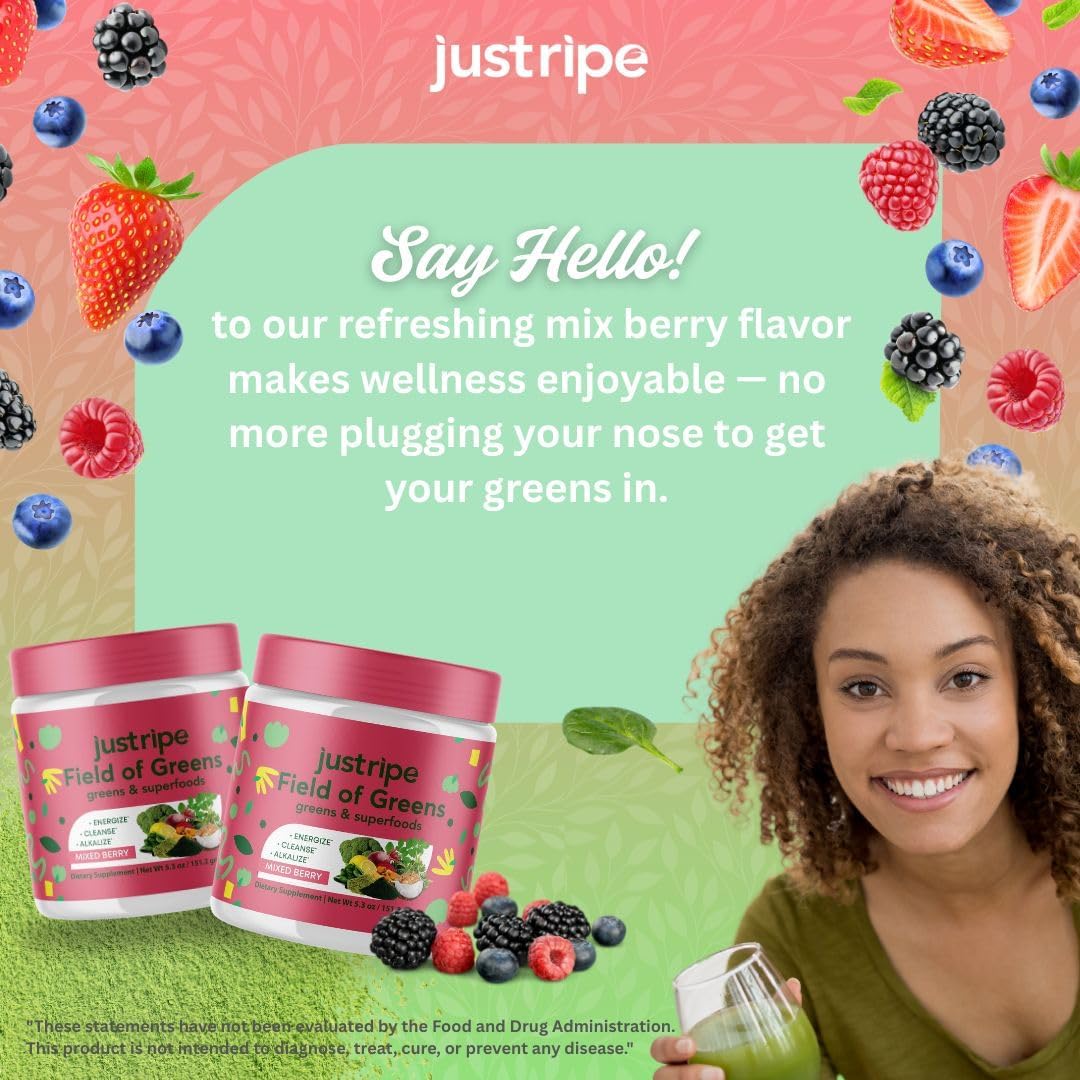 Field of Greens Superfood Powder with Organic Spirulina, Chlorella, Beet Root Powder - Bacillus Coagulans Probiotic, A Plant-Based Mix Supporting Gut Health, Immunity, 28 Scoops - Mixed Berry