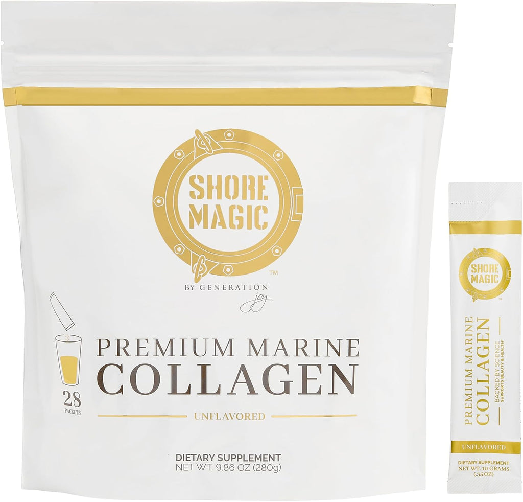 Shore Magic Premium Marine Collagen Powder – Hydrolyzed Type I, II, III & IV Peptides for Skin, Hair, Nails & Joints – Wild-Caught Fish, Kosher, Unflavored, Travel Friendly, 28 Daily Packets