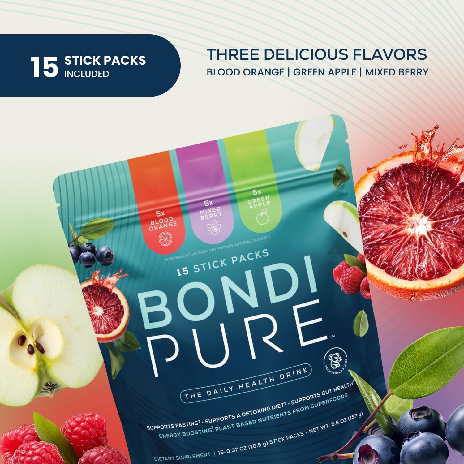 Bondi Pure - Daily Health & Detox Drink - Promote Gut Health & Energy Support During a Cleanse or Intermittent Fasting - Plant-Based Fibers, Alkalizing Super Greens - Variety Stick Pack (30 Servings)